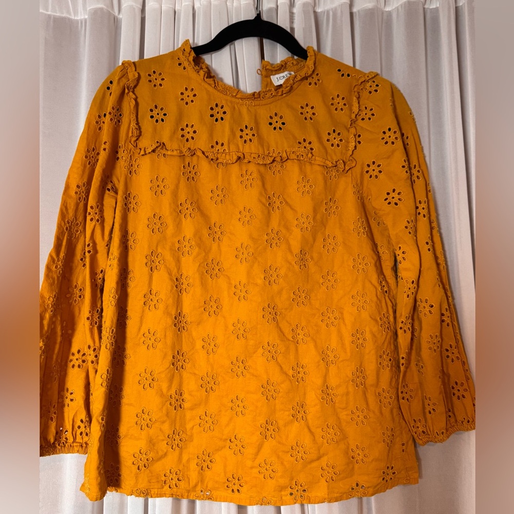 J. Crew Floral Eyelet Ruffle Yoke Top in Mustard Yellow